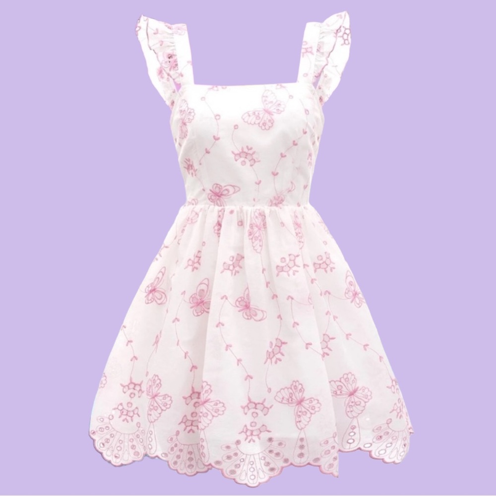 Butterfly Embroidered Dress NEW Scalloped Eyelet Lace Flutter Sleeve Tie Back - Picture 1 of 7